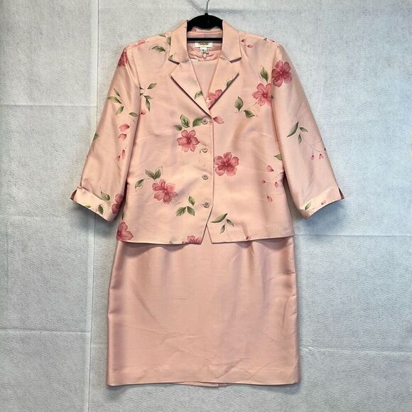 TALBOTS Sheath Dress and Jacket Set Size 12 Pink Floral 100% Silk Button Front - Picture 1 of 12